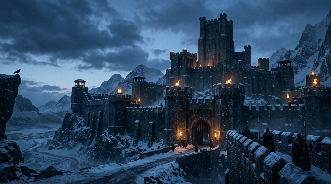 Dark medieval fortress at twilight with torchlight