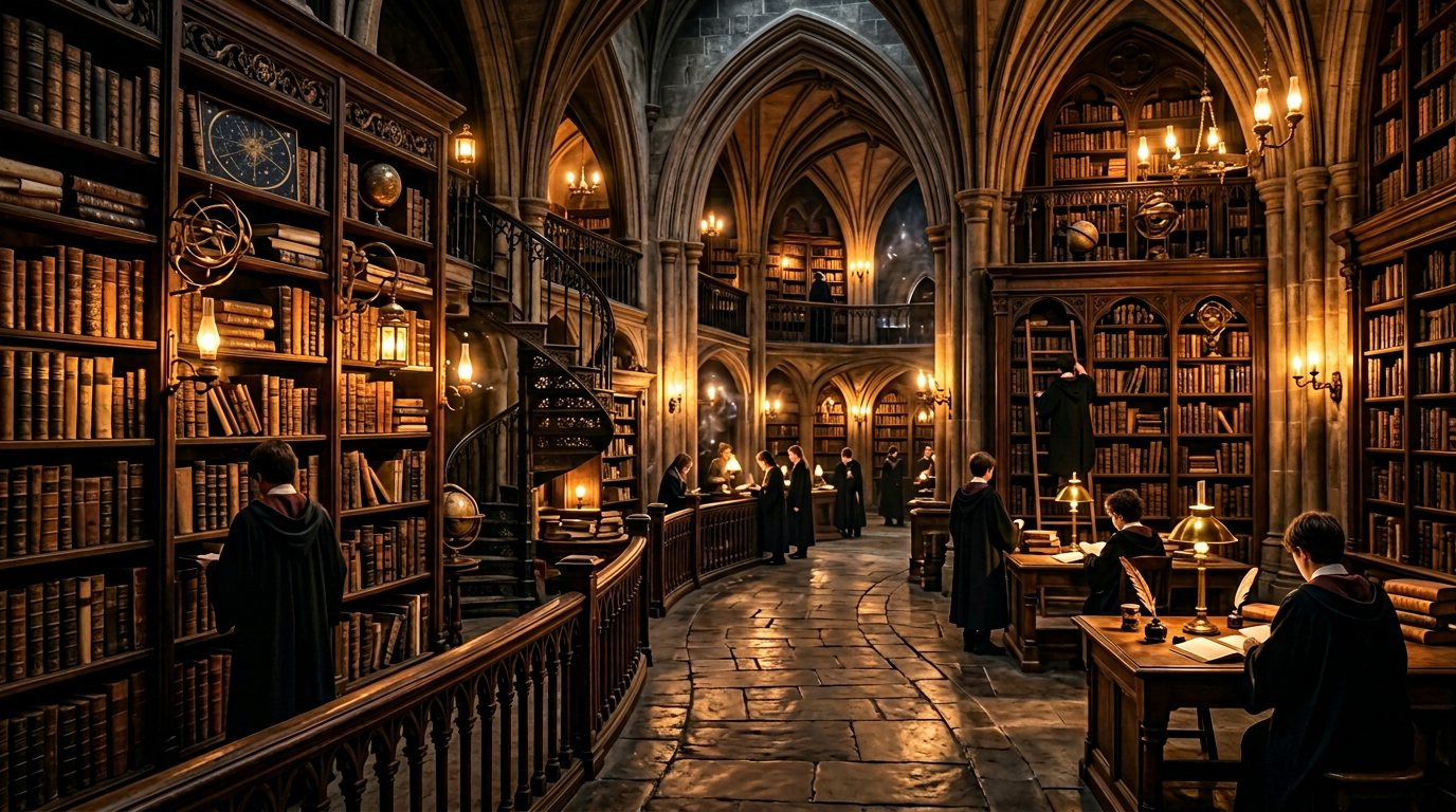 Atmospheric magical library with candles and ancient books